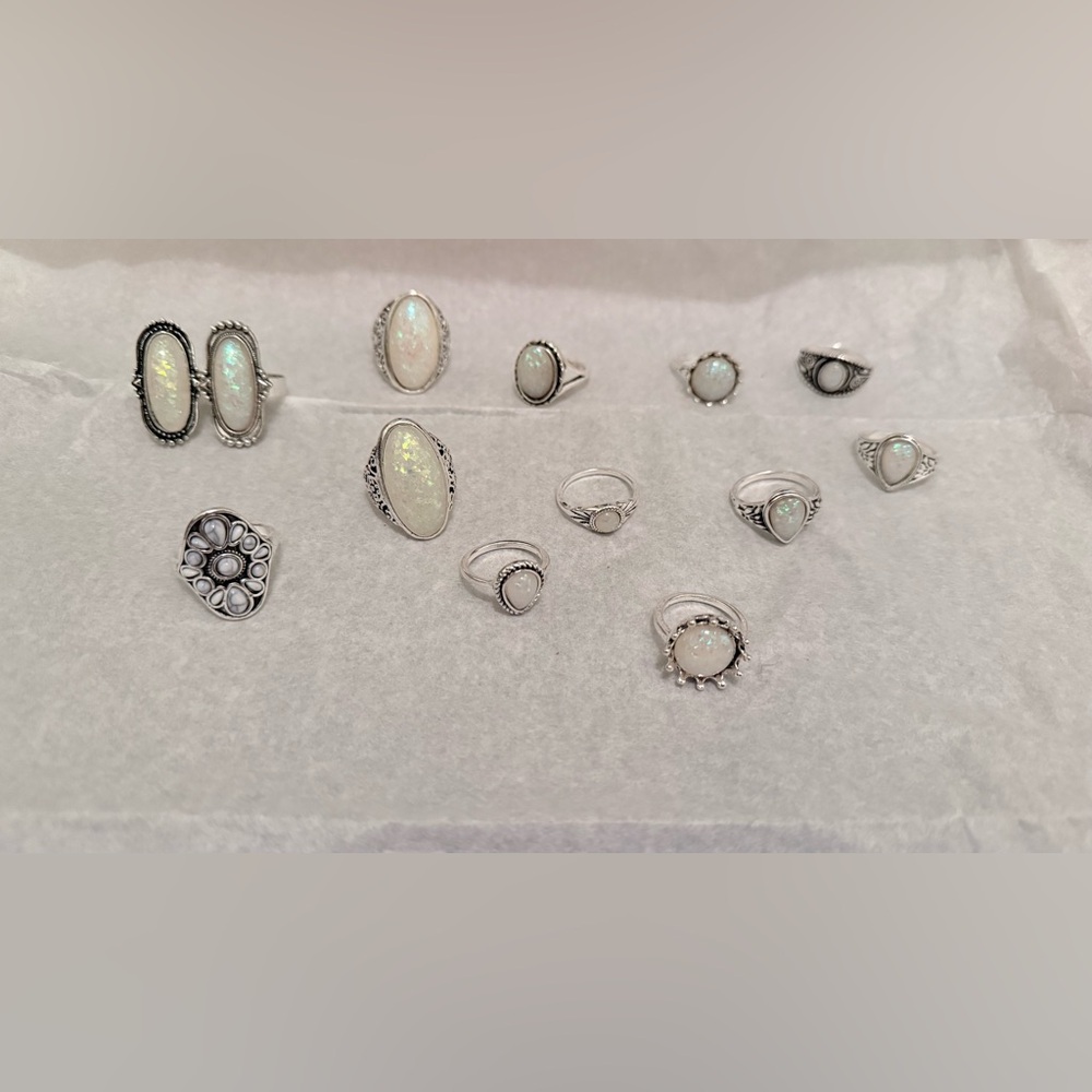 Elegant Silver tone Opal Ring Set Lot E